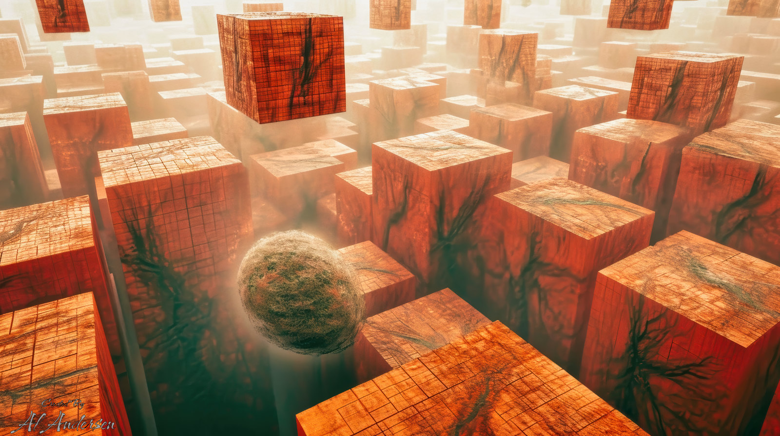 Stone Matrix Horizon Abstract artwork showing a surreal terrain filled with large, red-toned stone cubes arranged in a grid, some of which are floating. A fuzzy, textured sphere hovers between the blocks, and a misty atmosphere softens the horizon, creating a mysterious and otherworldly visual effect.