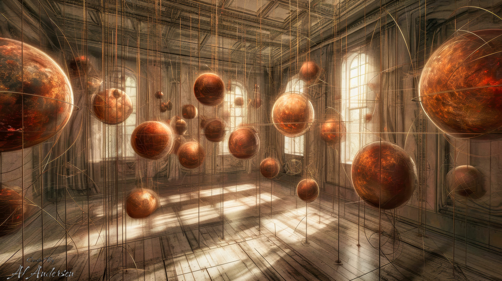 Latent Memory Chamber Abstract artwork showing glowing reddish-brown spheres suspended by thin golden threads in a softly lit, classical room with high ceilings and tall windows. The floating orbs resemble miniature planets, symbolizing the suspended potential of ideas in latent space.