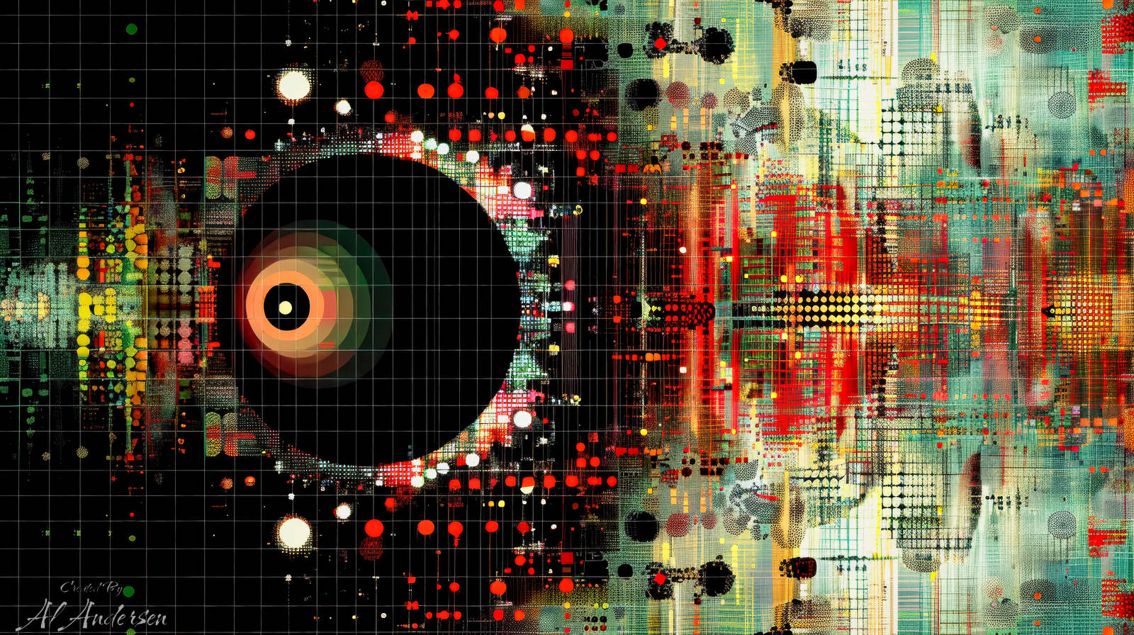 Crossfire Hurricane Core Abstract digital artwork showing a large black central circle resembling the eye of a storm, surrounded by concentric rings and scattered colorful dots on a gridded background. The right half erupts into chaotic red and green pixelated textures, simulating a crossfire hurricane rendered in data and geometric patterns.