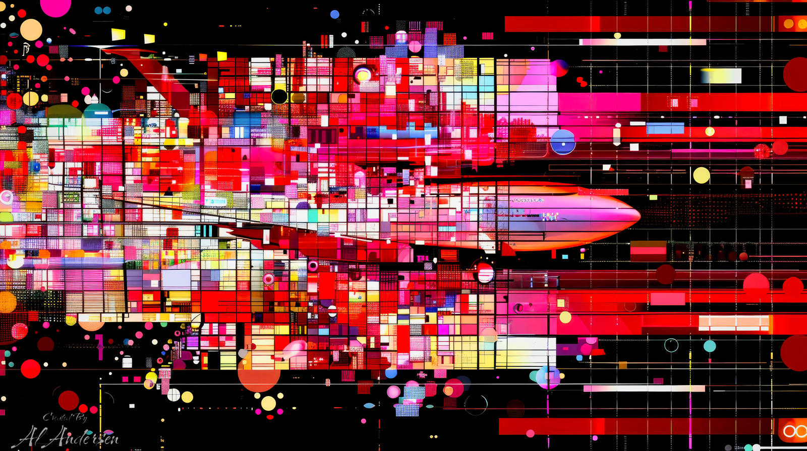 Flight Through Chaos Abstract digital artwork of an airplane flying through a dense field of fragmented red, pink, and yellow geometric shapes on a black background. The plane is surrounded by glitch-like grids, dots, and data textures, simulating the turbulence and energy of a high-tech crossfire hurricane environment.