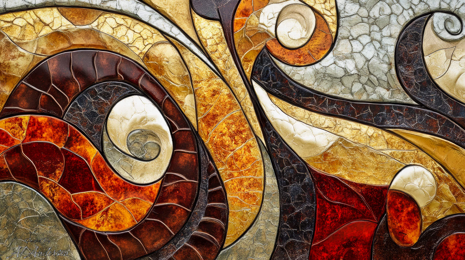 Bronze And Gold Mosaic Of Swirling Arabesques An abstract artwork composed of swirling bronze, gold, and red mosaic patterns. Curving arabesque shapes and cracked textures give a sculptural effect, blending metallic highlights and earthy tones in a dynamic, flowing design.