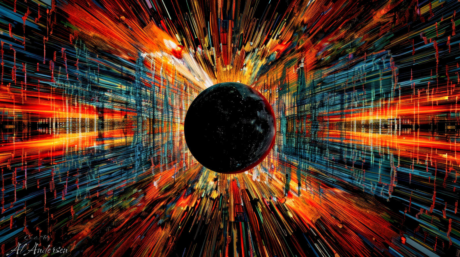 Velocity Singularity Core Abstract digital artwork of a central black sphere representing a black hole, surrounded by a dynamic burst of glowing lines and digital patterns in red, blue, orange, and yellow. The radiating motion suggests high-speed collapse and the gravitational pull of an event horizon.