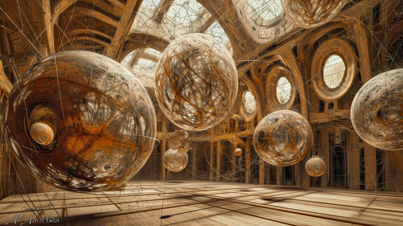 Latent Space Cathedral: The Architecture of Thought A vast cathedral-like space with floating metallic orbs suspended in intricate web-like strands. The grand architecture, with arched windows and golden light, merges with surreal digital abstraction, evoking the hidden structures of latent space and machine learning. A hauntingly beautiful representation of theoretical computation.