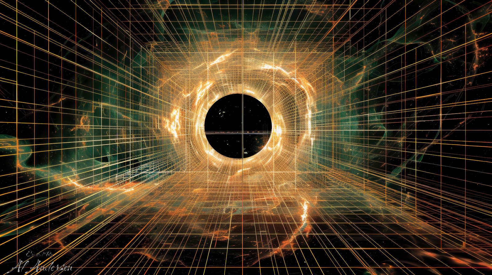 Geometric Gravity Well Abstract digital artwork showing a black hole at the center of a glowing golden grid cube, with light arcs and spatial distortion around it. The structured lines bend inward toward the black sphere, simulating the gravitational pull and warped space of an event horizon.