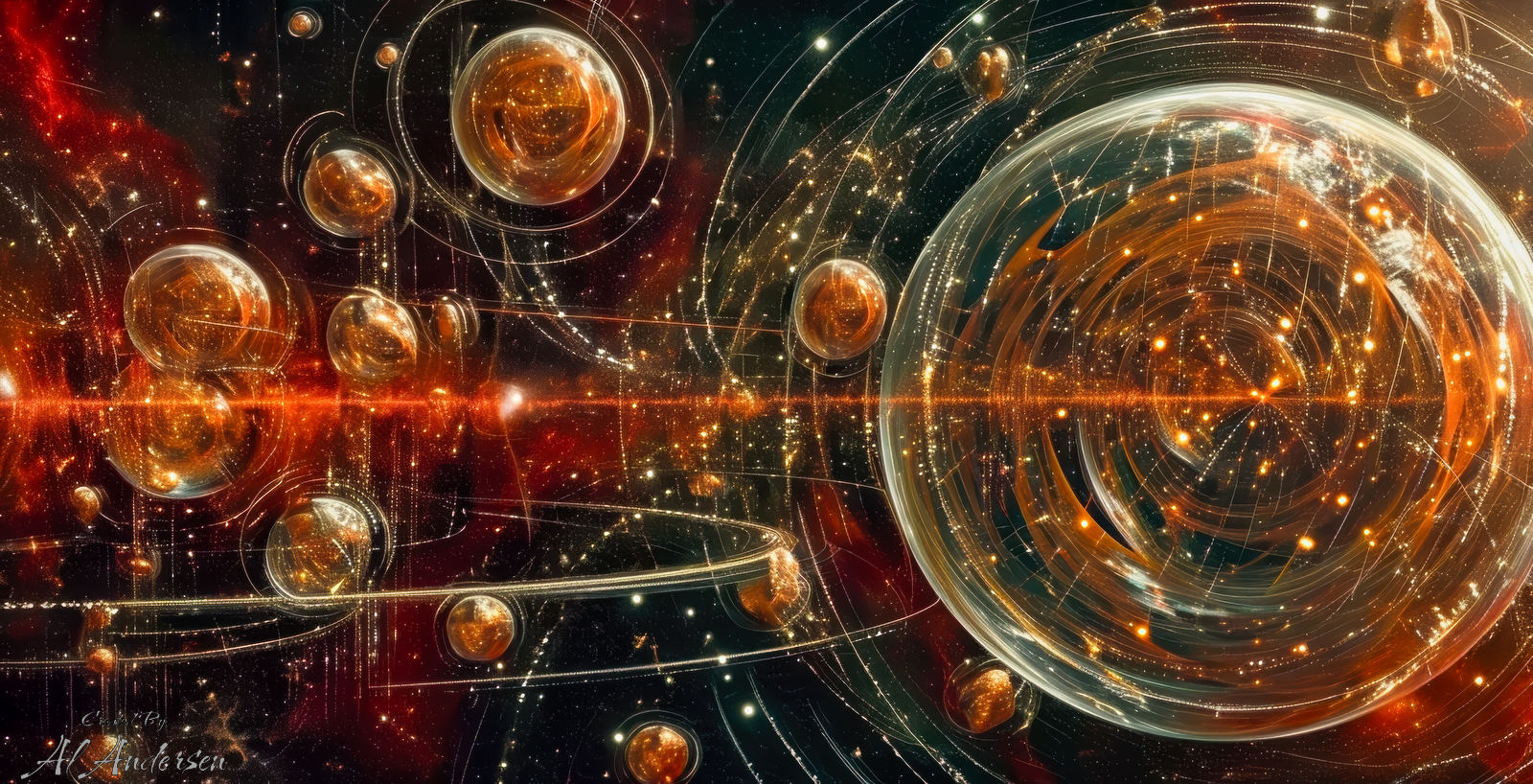 The Cosmic Depths of Latent Space A cosmic scene depicting latent space as a swirling expanse of glowing golden orbs suspended in deep space. A massive luminous sphere in the foreground spirals with intricate filaments, while a radiant energy horizon cuts across the center. Nebula-like clouds and cascading data streams enhance the surreal, computational aesthetic.